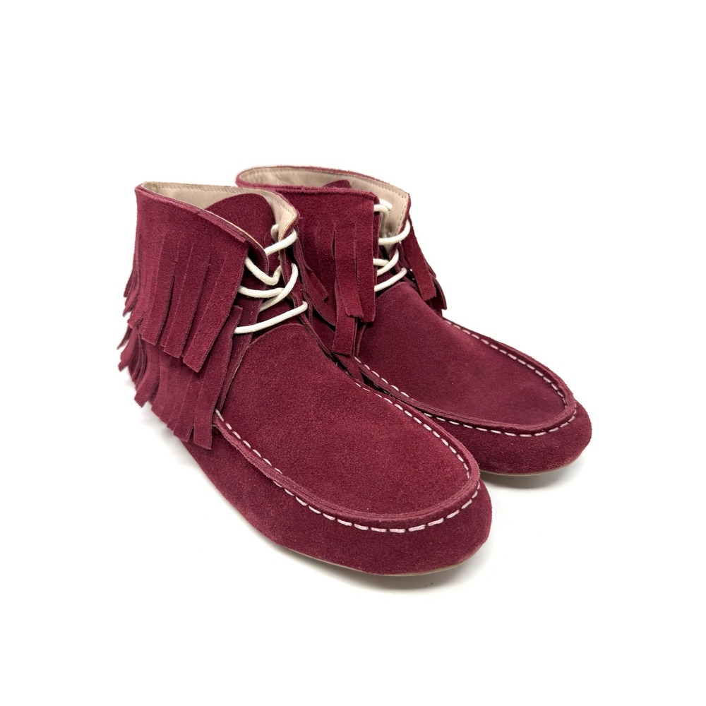 Monkey Feet USA Burgundy Suede Fringe Moccasin Boots Leather Wine Red Size 40